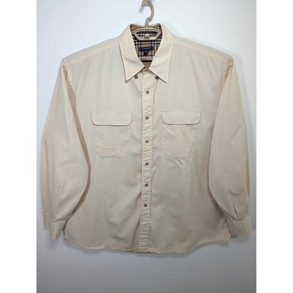 Vintage Burberry Mens Button Down Shirt XL Nova Check Trim Cotton Tan Beige USA